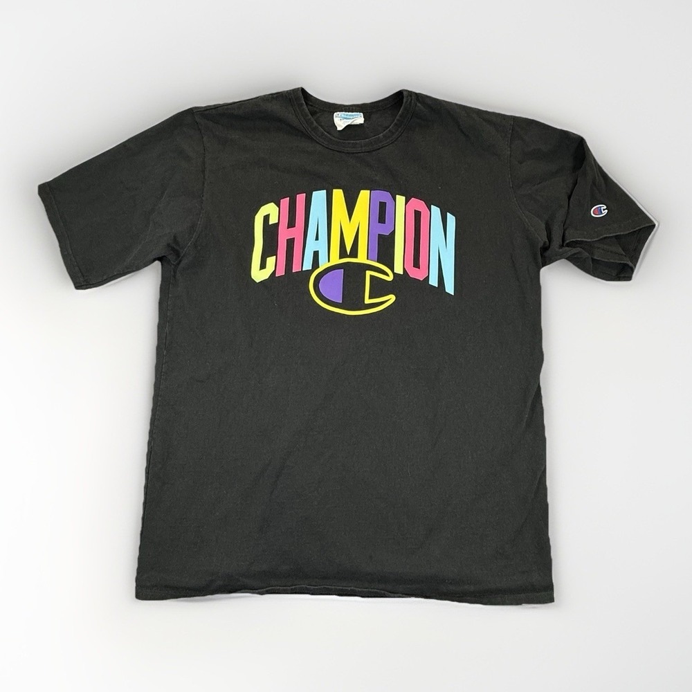 Vintage Y2K Champion Black Rainbow Logo Graphic T Shirt 2XL